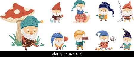 GNOME-Zeichen. Zwerg und Pilz, Zwerge niedliches Set. Spring kleine Männer mit Bärten. Garten Märchen Menschen mit Blumen und Fisch, neoterischen Vektor Stock Vektor