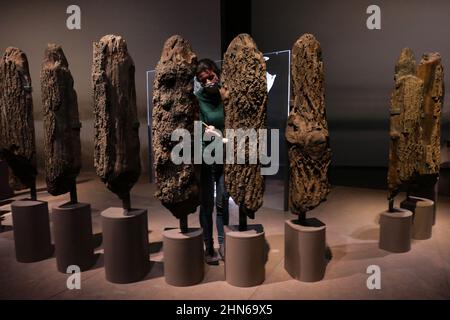 Die Welt von Stonehenge ist Großbritanniens erste große Ausstellung über die Geschichte von Stonehenge Schlüsseldarlehen umfassen die Nebra Sky Disc, die älteste Karte der Welt der Sterne und das erstaunliche hölzerne Denkmal genannt Seahenge, das vor kurzem nach Jahrtausenden aus dem Sand eines Norfolk-Strandes entstand .. Stonehenge wurde vor 4500 Jahren etwa zur gleichen Zeit wie die Sphinx und die große Pyramide von Gizeh in Ägypten gebaut. Fast zwei Drittel der Objekte, die in der Welt von Stonehenge ausgestellt werden, sind Leihgaben, die Objekte von 35 Kreditgebern aus ganz Großbritannien und Europa enthalten und in Großbritannien noch nie gesehen wurden ... Stockfoto