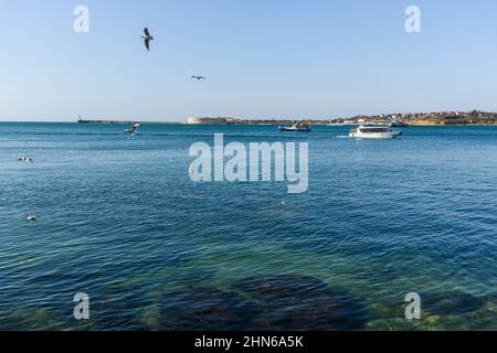 Blick auf die Sewastopoler Bucht mit dem Kap Konstantinovskiy mit Konstantinovskaya batareya im Frühling. Krim Stockfoto