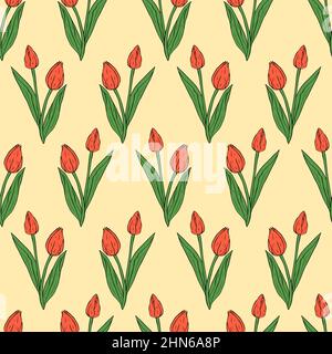 Vintage Nahtloses Muster mit roten Linie Art Tulpen Blumen und Blätter auf beige Stock Vektor
