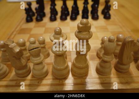 Weiße Schachfiguren vor schwarzen Stockfoto
