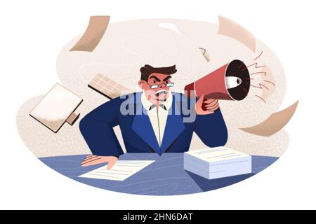 Flacher wütender Boss brüllt in Lautsprecher. Männlicher Bürocharakter mit aggressivem Gesichtsausdruck, das brüllt. Geschäftsmann schimpft und schreit mit Megaphon. Wütender Regisseur sitzt und schreit laut. Stock Vektor
