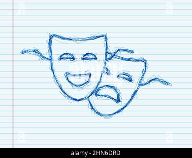 Comedy und Tragödie theatralische Masken. Sketch-Stil. Vektorgrafik Stock Vektor
