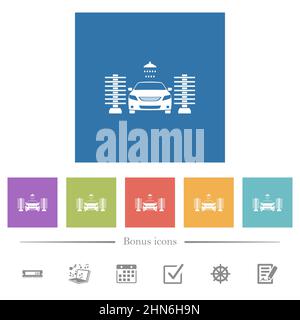 Waschen von Autos flache weiße Symbole in quadratischen Hintergründen. 6 Bonus-Symbole enthalten. Stock Vektor