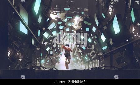 Cyberpunk-Konzept, das einen Mann zeigt, der auf einem futuristischen Weg voller Monitore, digitaler Kunststil und Illustrationsmalerei läuft Stockfoto