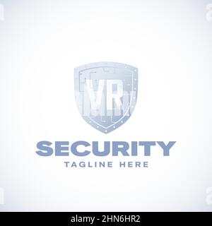 Virtual Reality Security Abstraktes Vektorzeichen, Symbol, Logo-Vorlage. Digital Space Safety Circuit Shield Guard. VR Cyberspace Protective Technology Stock Vektor