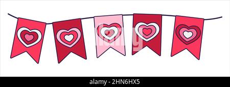 Retro Valentinstag Boho Ikone der Girlande. Love-Symbole im modischen Pop-Line-Art-Stil. Die Figur des Herzbanners in zartem Pink, Rot und Kor Stock Vektor