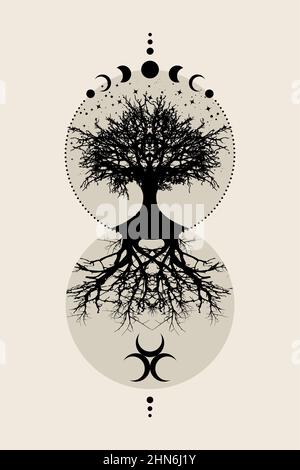 Heiliger Baum und Halbmond. Dreifache Göttin Mystische Mondphasen, Baum des Lebens, Heilige Geometrie. Mutter Erde Wicca Banner altes Zeichen, Energie Kreis Stock Vektor