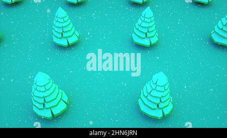 Weihnachtsbäume auf blauem Hintergrund. Konzept für Weihnachten und ein glückliches neues Jahr. Weihnachtsbäume Winterferien Symbol. 3D Rendern Stockfoto