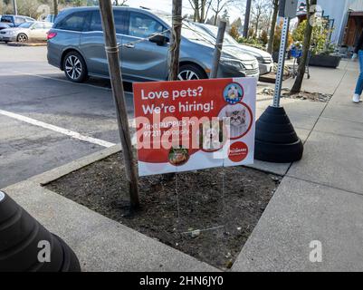 Woodinville, WA USA - ca. Februar 2022: Blick auf ein "Jetzt mieten"-Schild vor einem Petsmart-Tiergeschäft an einem hellen, sonnigen Tag. Stockfoto