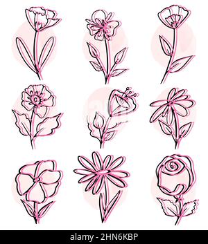 Einlinige Blumen Set. Vector Sammlung von Blumen mit einer Linie gezeichnet. Aquarell rosa Flecken. Stock Vektor