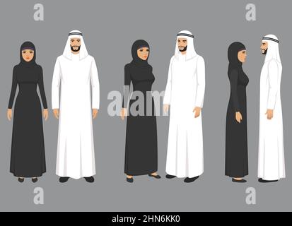 Arabisches Paar in traditioneller Kleidung, nahöstliches, arabisches Paar, Menschen, arabische Familie. Arabischer Mann und Frau, Vektorgrafik Stock Vektor