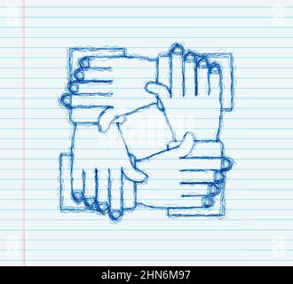Skizze Teamarbeit Hände Zeichen für Konzept-Design. Geschäftskonzept. Teamarbeit, Zusammenarbeit Stock Vektor