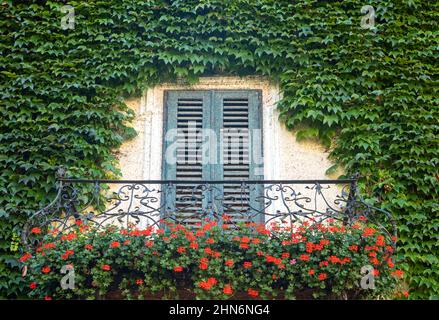 Varna, Italien - 18. September 2020: Ein blühter Balkon im Innenhof der Abtei von Novacella Stockfoto