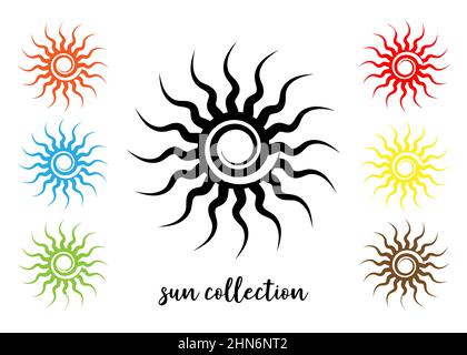 Set bunte Tribal Sun Tattoo Sonnenrad Symbol, Sonnenrad Zeichen. Sommersymbol. Das alte europäische esoterische Element. Logo Grafik Element spiralförmig Stock Vektor