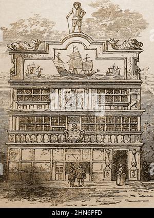 Das Old East India House (nicht zu verwechseln mit dem neuen East India House) befand sich in der Leadenhall Street, London, England. Dieses Bild zeigt es, wie es 1650 war. ---- das ursprüngliche Gebäude hatte Zimmer im Herrenhaus seines Gouverneurs, Sir Thomas Smythe, in der Philpot Lane, Fenchurch Street, besetzt. Das Gelände des East India House wird jetzt vom Lloyd's-Gebäude besetzt. Stockfoto