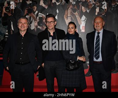 Turin, Italien. 14th. Februar 2022. Turin, Italien Fotocall und Meisterkurs mit Michel Hazanavicius Regisseur Bérénice Bejo Schauspielerin des preisgekrönten Films The Artist at the Cinema Museum mit Domenico De Gaetano Direktor des Museums auf dem Foto: Michel Hazanavicius, Bérénice Bejo, Domenico De Gaetano, Enzo Ghigo Direktor und Präsident des Museo del Cinema Turin Kredit: Unabhängige Fotoagentur/Alamy Live News Stockfoto