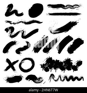 Satz schwarzer Grunge-Pinselstriche. Vektorgrafik. Pinselstriche. Schmutzige künstlerische Design-Kollektion für Rahmen, Schilder, Banner, Symbol Stock Vektor