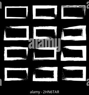 Satz von weißen Grunge-Rahmenelementen. Vektorgrafik. Isoliert. Distress-Textur. Pinselstriche. Schmutziges künstlerisches Designelement für Textrahmen Stock Vektor