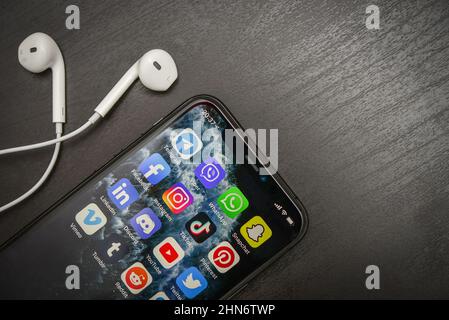 KIEW, UKRAINE - 21. DEZEMBER 2020: Social-Media-Symbole auf dem Bildschirm des iPhone 11 Pro. Soziale Medien sind das beliebteste Kommunikationsmittel, um infor zu teilen Stockfoto