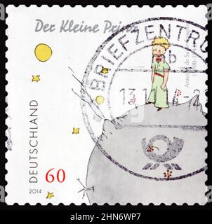 DEUTSCHLAND - UM 2014: Eine in Deutschland gedruckte Briefmarke zeigt den Kleinen Prinzen, eine Kindernovelle des französischen Aristokraten, Schriftstellers und Fliegers Antoine de Saint Stockfoto
