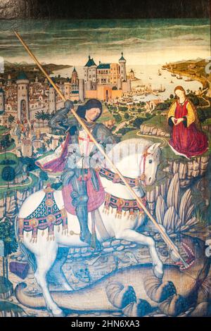 retablo de San Jorge, Tabla Central, San jorge matando al dragón con la ciudad de mallorca al fondo, años 1468-1470, Pere Niçard, óleo sobre madera,Pa Stockfoto