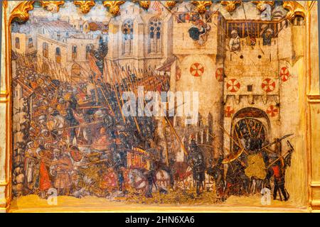 Entrada del Ejercito Cristiano de la Ciudad de Mallorca de 1229 Años 1468-1470, Pere Niçard, Óleo Sobre Madera, Palau Episcopal, -Museu Diocesà de Mal Stockfoto