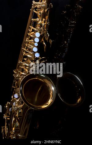 Altsaxophonmusik, Saxophon, Musical, Instrument, Sax, Jazz, isoliert, schwarz, Alt, Kunst Stockfoto