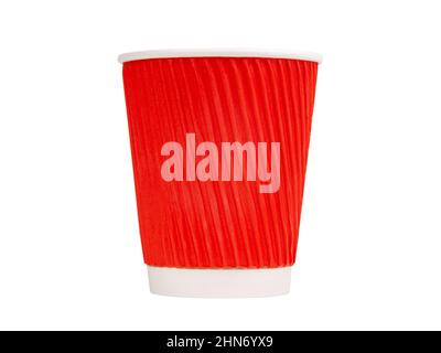 Rote Wellpappe Tasse für Kaffee isoliert auf dem weißen Hintergrund Stockfoto
