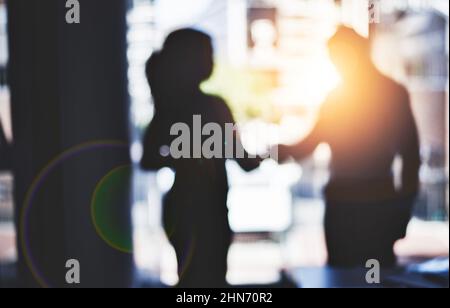 Partnerschaften sind das Rückgrat für die Stärkung des Geschäfts. Unfokussige Aufnahme von zwei Geschäftsleuten, die sich in einem Büro die Hände schüttelten. Stockfoto