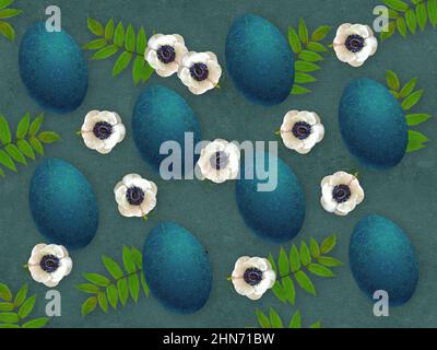 Osterzusammensetzung mit Pysanki-Eiern, weißen Anemonen-Blüten und Farnblättern. Stockfoto