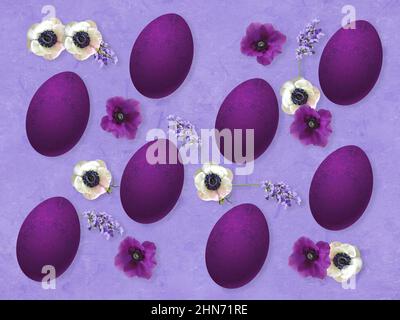 Ostern Komposition aus lila handbemalten Eiern, weißen und violetten Anemonen und Lavendelblüten. Kraftpapier Hintergrund in Lavendelblau Tönen. Stockfoto