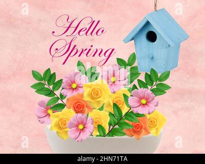 Hallo Spring-Karte. Nistkasten und Blumen. Farbenfrohes Design. Stockfoto