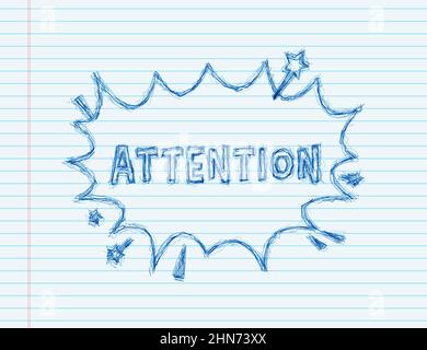 Comic Sprechblasen mit Text Aufmerksamkeit. Skizze Symbol. Symbol, Aufkleberetikett, Etikett für Sonderangebote, Werbeplakette. Vektorgrafik. Stock Vektor