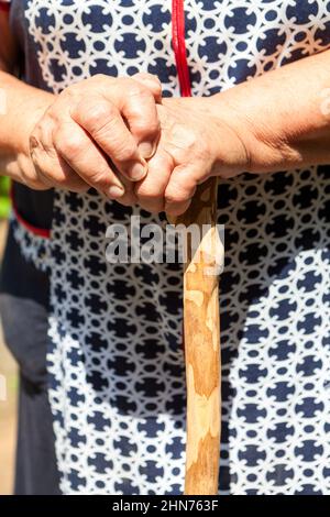 Nahaufnahme der älteren kaukasischen Frau, Hände mit hölzernen Spazierstock, Nahaufnahme Stockfoto