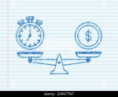 Zeit ist Geld auf Skalen Symbol. Skizze Symbol. Geld- und Zeitguthaben nach Maß. Vektorgrafik Stock Vektor