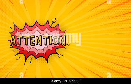 Comic Sprechblasen mit Text Aufmerksamkeit. Vintage Cartoon Illustration. Symbol, Aufkleberetikett, Sonderangebotschild, Werbeplakette. Vektormaterial Stock Vektor