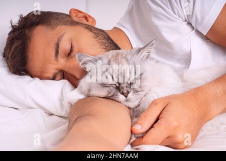 Mann schläft mit Katze. Schöne Katze und Besitzer. Liebe und Vertrauen zwischen Menschen und Haustieren Stockfoto