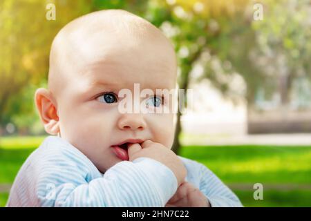 Lustiger kleiner Junge, der die Hände im Mund hält. Stockfoto