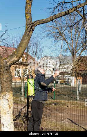 Sprühen Sie Pestizide, Pestizide auf Obstplantagen. Unschärfe Landwirt Mann sprühen Baum mit manuellen Pestizid-Sprüher gegen Insekten im Frühlingsgarten Stockfoto