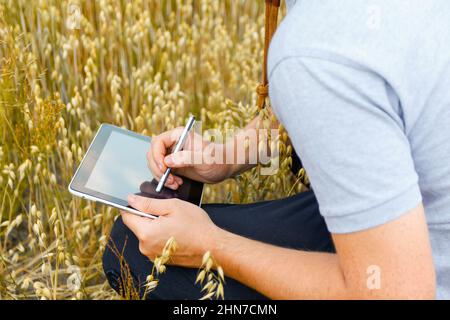 Digitale Farm. Porträt eines Bauern, der in einem goldenen Weizenfeld sitzt und auf einem Tablet schreibt. Junger Mann mit Cowboyhut auf dem Feld, der Weizenernte untersucht. Hafer Stockfoto