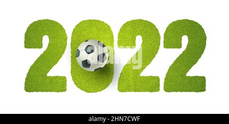 Vector Fußball auf dem grünen Feld. Fußball auf grünem Gras. Fußball-Weltmeisterschaft 2022. Fußball-Logo 2022. Stock Vektor