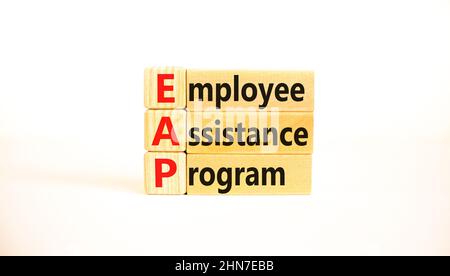 Symbol für das EAP-Programm zur Unterstützung von Mitarbeitern. Konzeptwörter EAP-Mitarbeiterunterstützung auf Blöcken auf weißem Hintergrund. Geschäfts-EA Stockfoto