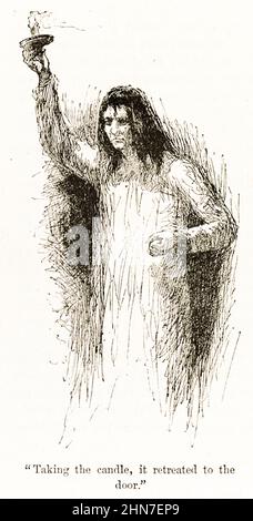 „Die Kerze entnehmend, zog sie sich zur Tür zurück“ aus Jane Eyre von Charlotte Brontë (1816-1855) Illustration von Edmund Garrett (1853-1929). Foto einer Originalillustration aus einem Buch, das 1897 veröffentlicht wurde. Stockfoto