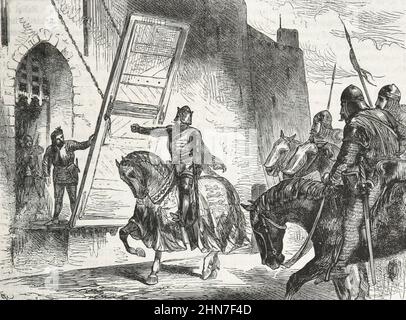 Nach der Schlacht von Banockburn versuchte König Edward I. von England, sich nach Stirling Castle zurückzuziehen, aber der burgherr würdigte eine Vereinbarung mit den Schotten und weigerte sich, ihn betreten zu lassen. Stockfoto