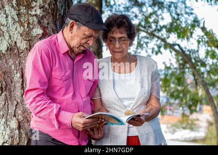 Ein älteres Paar liest zusammen ein Buch neben dem schönen Baum und der Natur im Hintergrund. Stockfoto