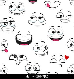 Lustige Cartoon fröhlich lächelnd und lachend Gesichter nahtlos, Muster, Vektor-Hintergrund. Glücklich lächelt oder Smiley Emoji-Muster der Comic-Emoticon niedlich fa Stock Vektor