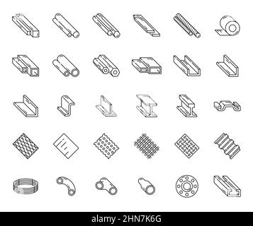 Stahl- und Aluminium-gewalztes Metall, Edelstahl-Profil umrandet Symbole gesetzt. Vector Produkte von Metallwalzen, Rohre, Rohre und Eisenstäbe Gitter, Balken, ein Stock Vektor