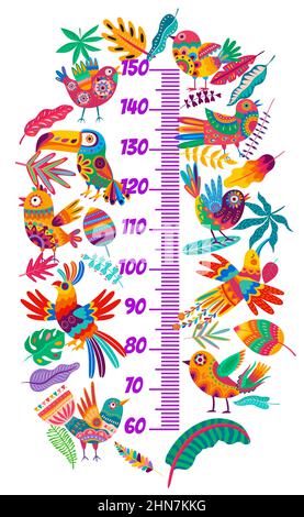 Kinder Höhenkarte mit hellen alebrije Vögel, Vektor-Wachstum messen Linealskala mit Cartoon mexikanischen Papier Kunst Handwerk Kolibri, Blumen, Papagei oder t Stock Vektor