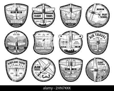 Flugreisen und Flugzeugsymbole eingestellt. Flugschule, Flugakademie und historische Flugzeuge zeigen Emblem oder Abzeichen. Retro monoplane fliegen in Himmel, Vin Stock Vektor